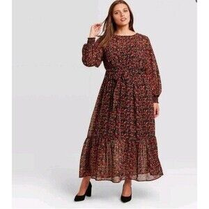 Ava & Viv Woman Multicolor Long Sleeve Floral Cami Lined Maxi Dress Plus Size X